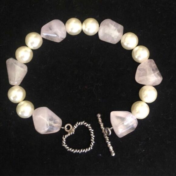 Handmade Vintage Inspired Faux Pearl Pink Gemstones Necklace & Two Bracelets Set - Picture 10 of 16